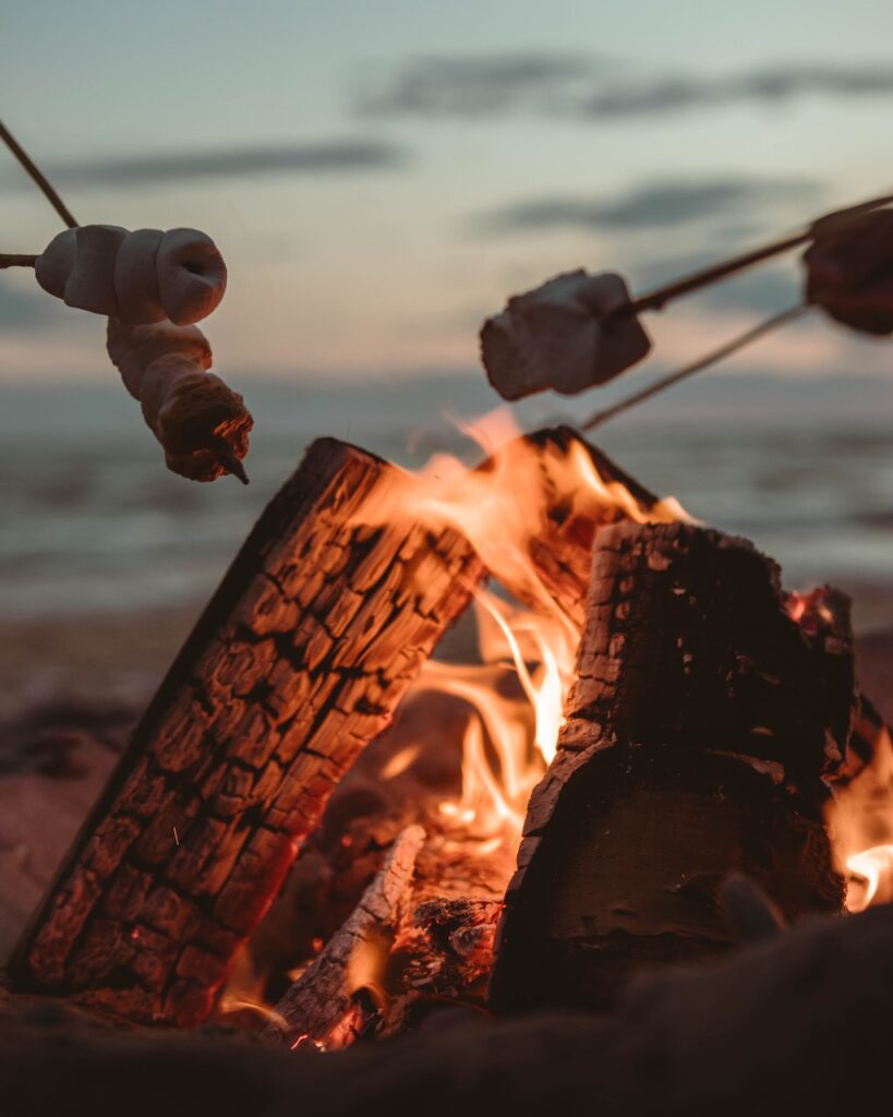 S'mores being roasted over a bonfire on the beach in California.