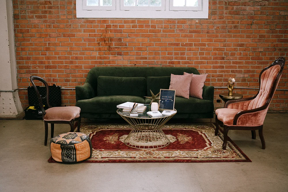 Lounge area set up for a holiday office party at BRICK