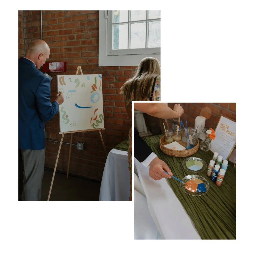 Collage of two images, one has a table with different colors of paint on it, and the other has guests painting a blank canvas for a keepsake for the bride and groom at San Diego wedding at BRICK.