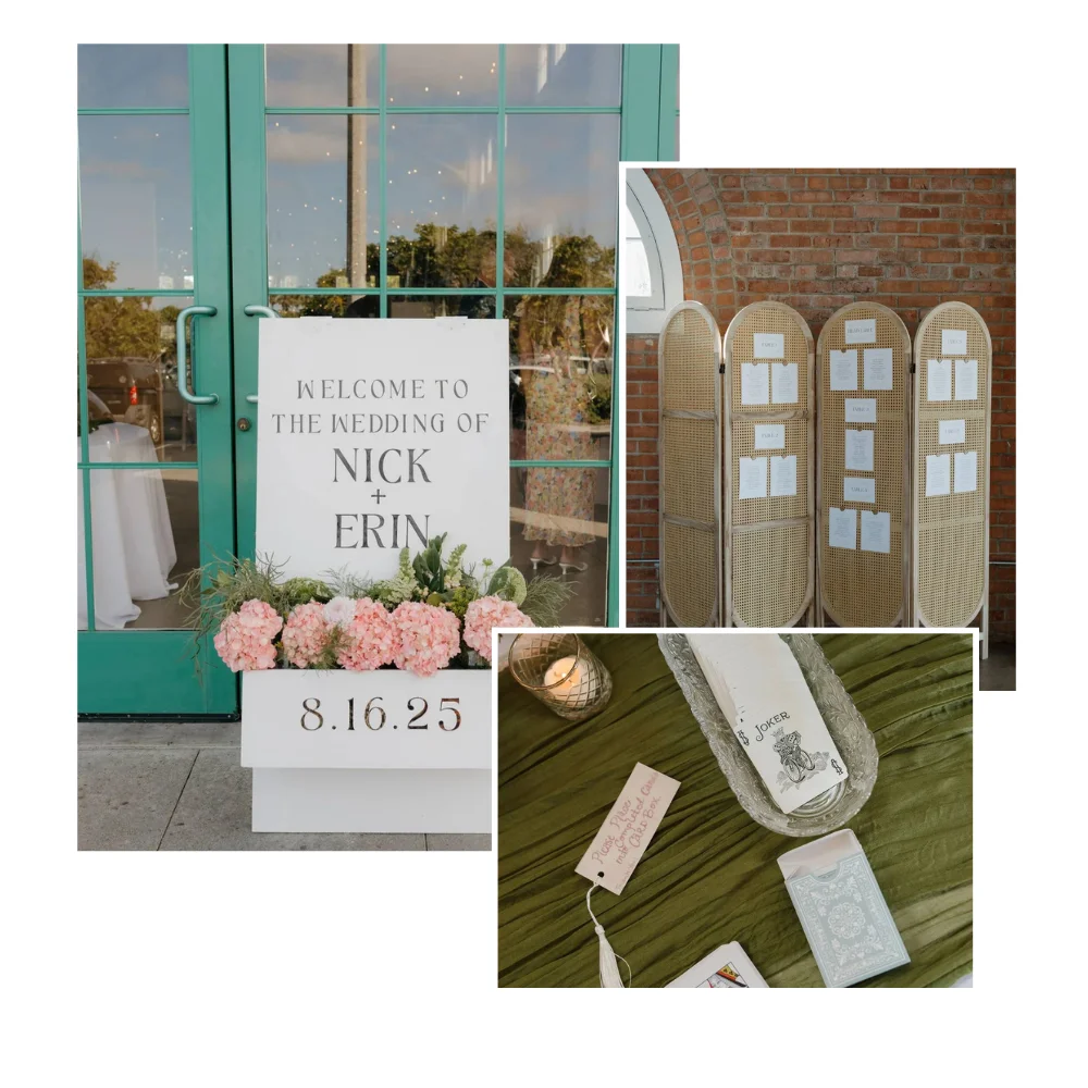 Collage of images, one of a welcome sign, another of a seating chart against a wicker backdrop, and another of playing cards for guests to sign at San Diego wedding at BRICK.