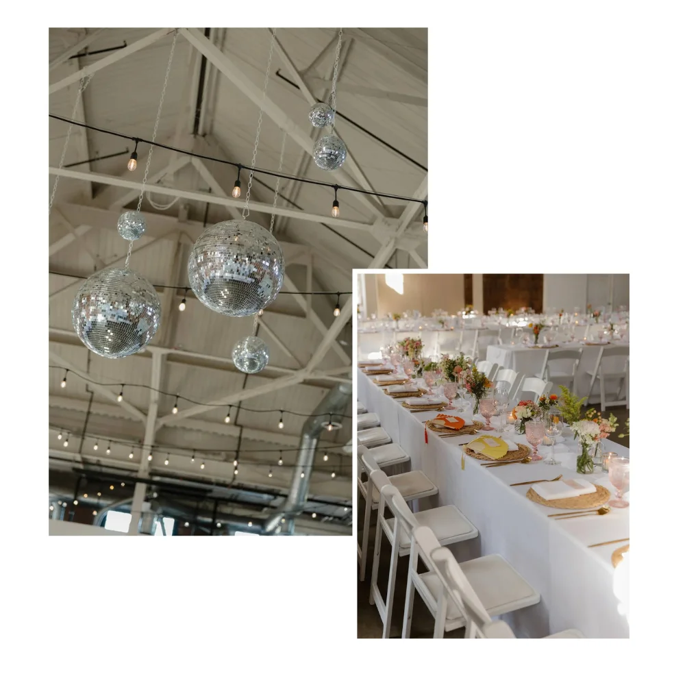 Collage of two images, one of several disco balls hanging from the industrial ceiling, and another of a wedding reception table.
