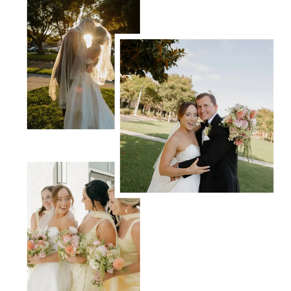 Collage of images of a bride and groom, and a bride and her bridesmaids before the wedding in San Diego.