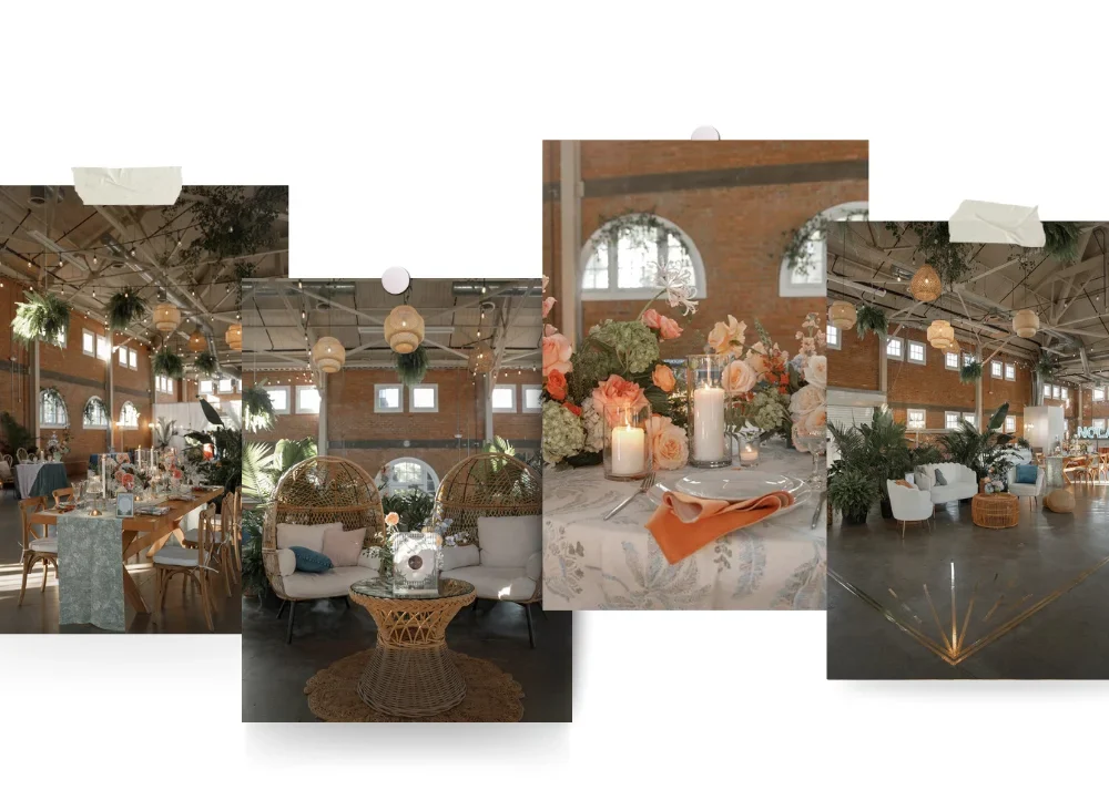 Collage of images of tablescapes and lounge areas at BRICK San Diego event venue.