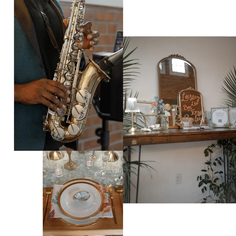Collage of images from BRICK's open house including a jazz player, gold mirrors and table details