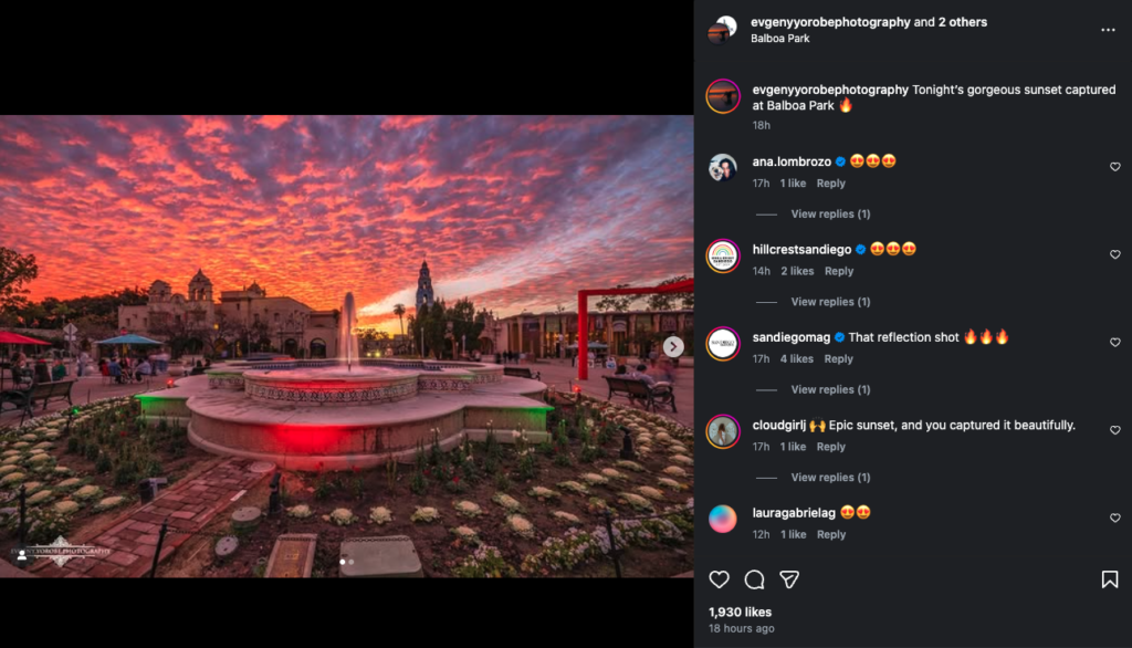 Sunset at Balboa Park in San Diego during a winter engagement photo session