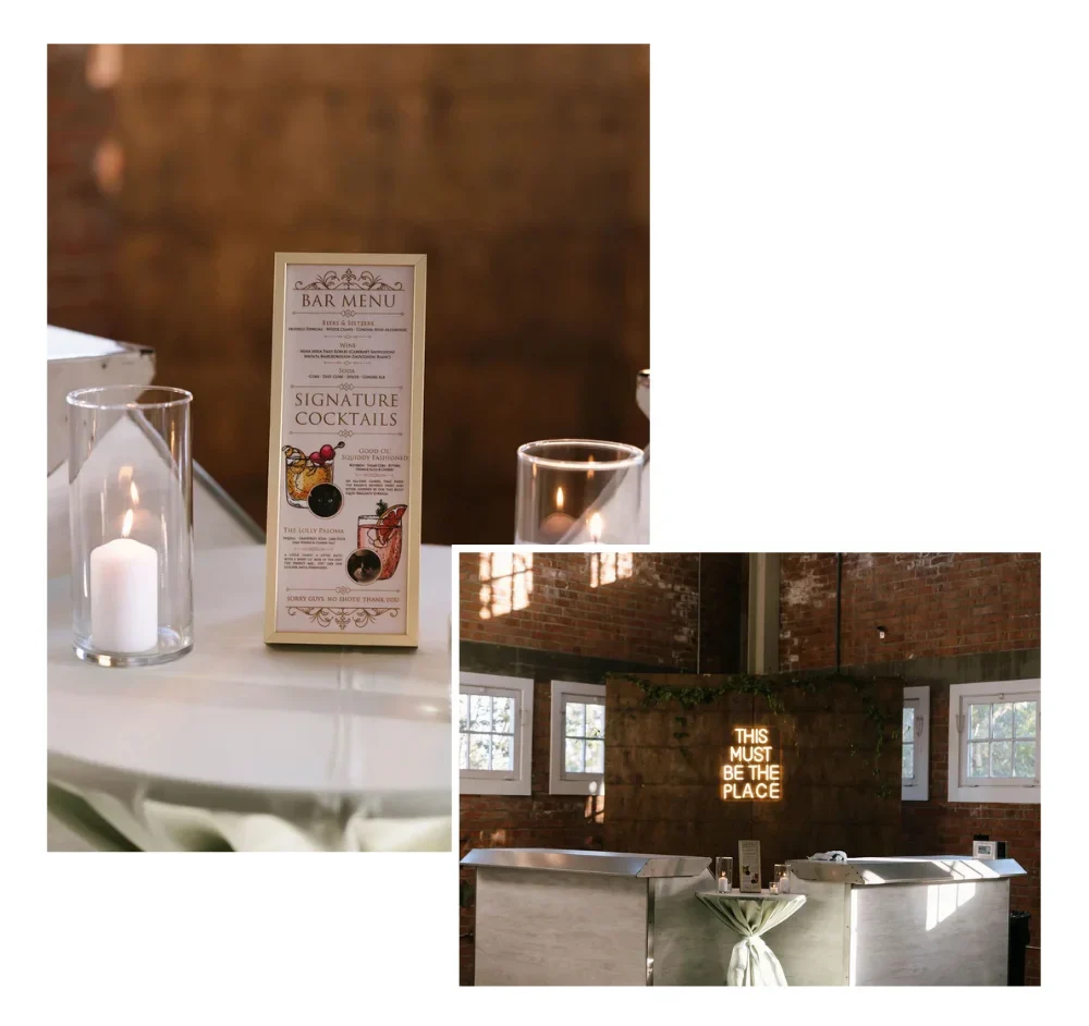 Collage of wedding bar signage at Kylie & Raydo’s BRICK San Diego wedding, featuring custom drink displays and personalized details