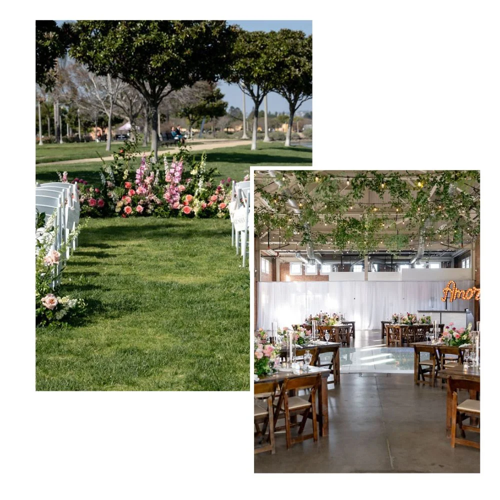 Collage of a wedding; one image of an outdoor ceremony on a lawn and one of an indoor reception inside BRICK in San Diego